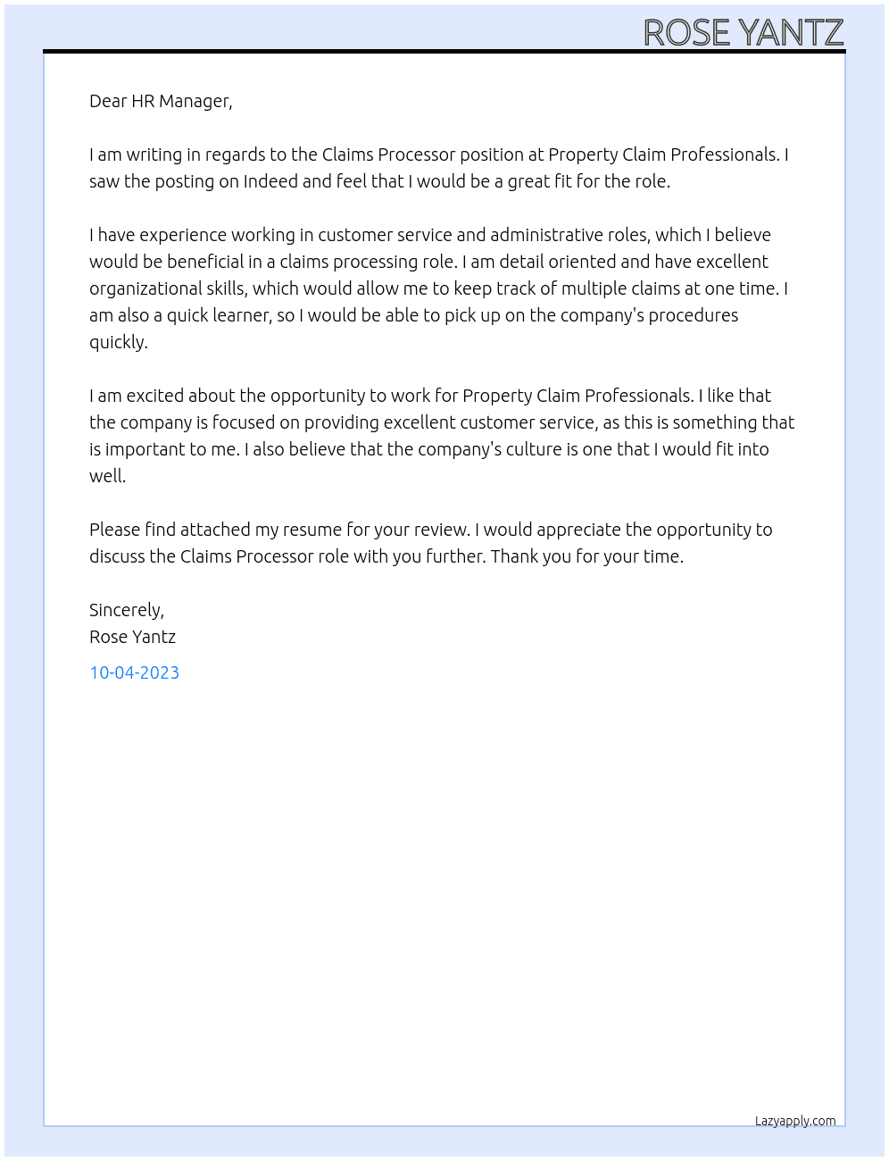 Claims Processor  At Property Claim Professionals  Cover Letter