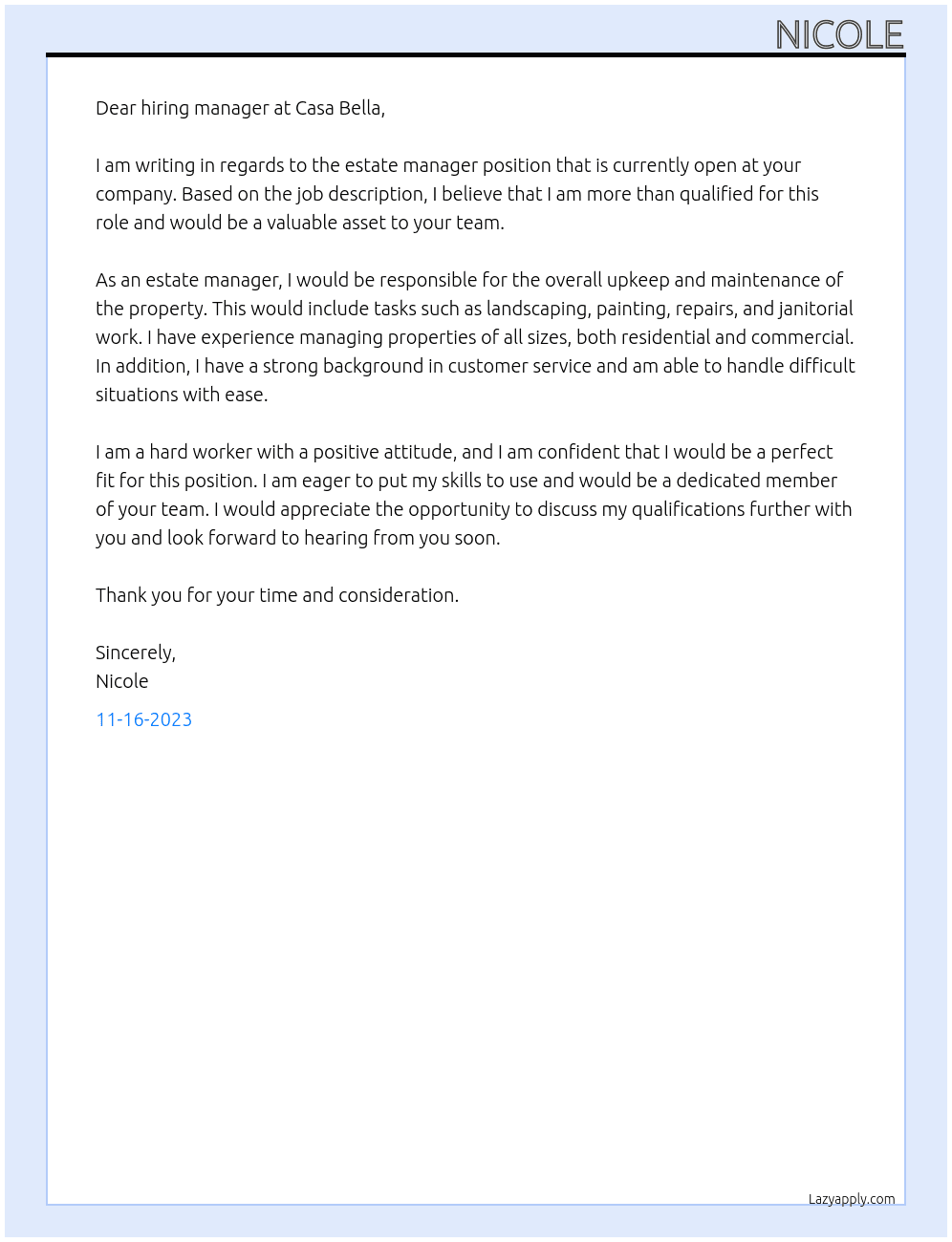 estate manager  At Casa Bella  Cover Letter