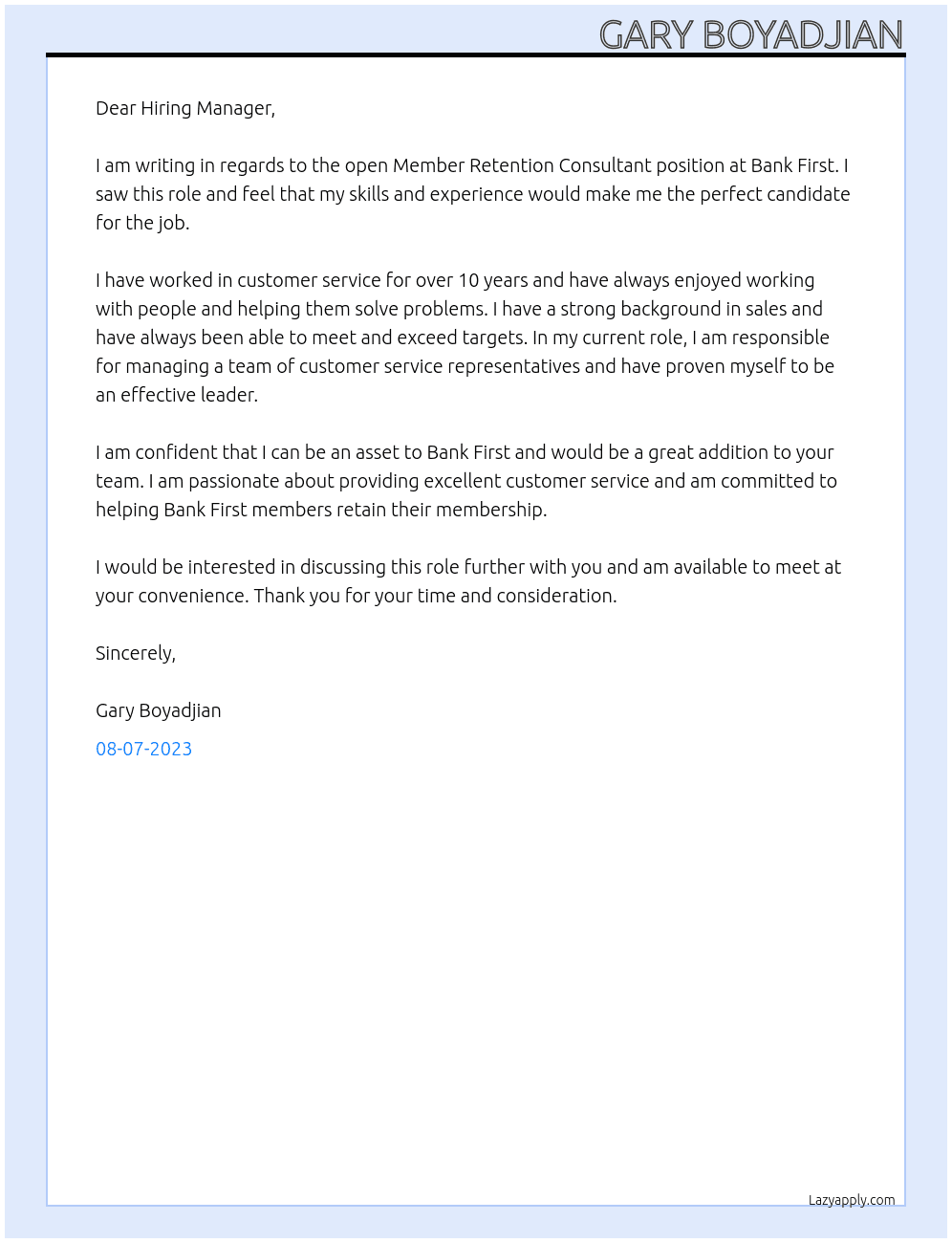 Member Retention Consultant At Bank First Cover Letter