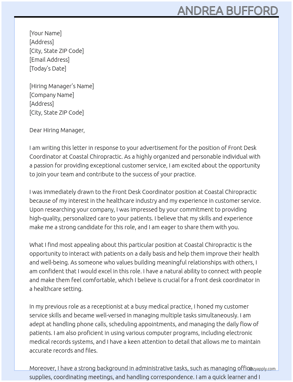 Front Desk Coordinator  At Coastal Chiropractic  Cover Letter