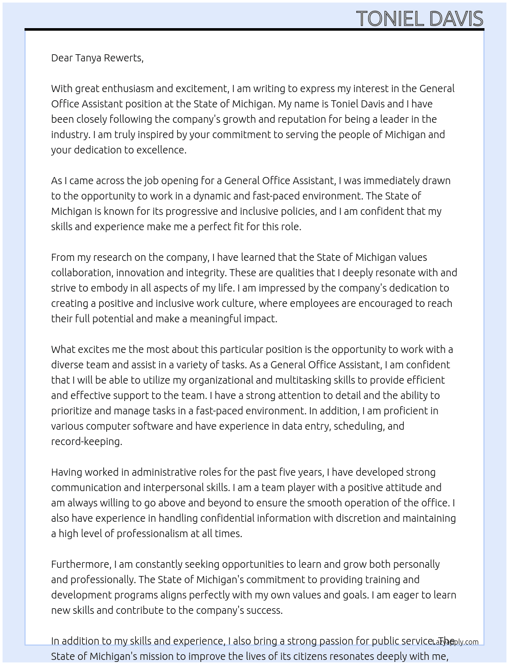 General Office Assistant At State of Michigan Cover Letter