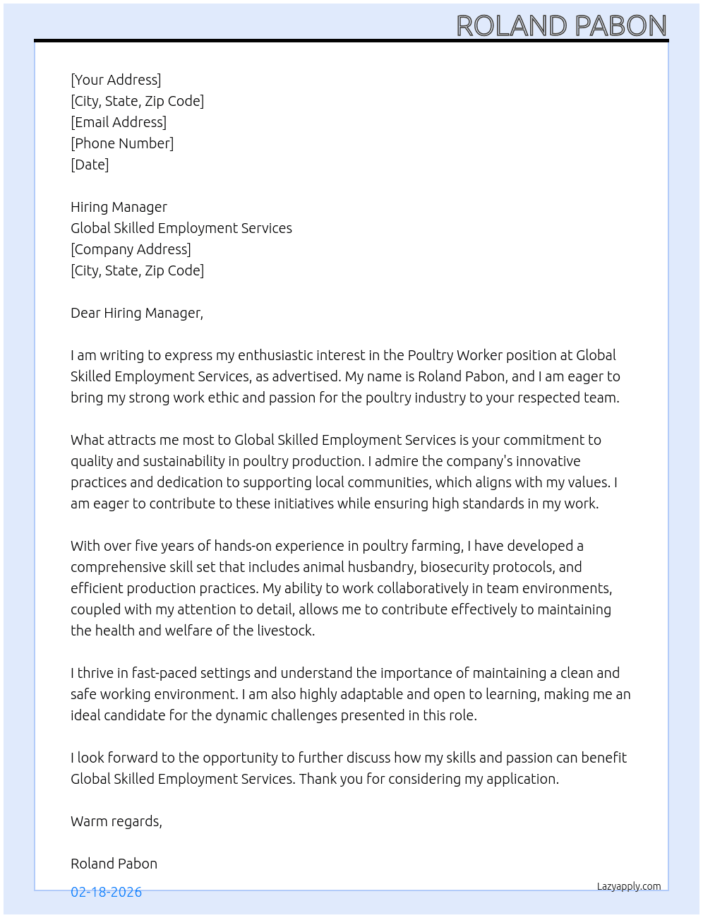 Poultry worker for australia At Global skilled employment services Cover Letter
