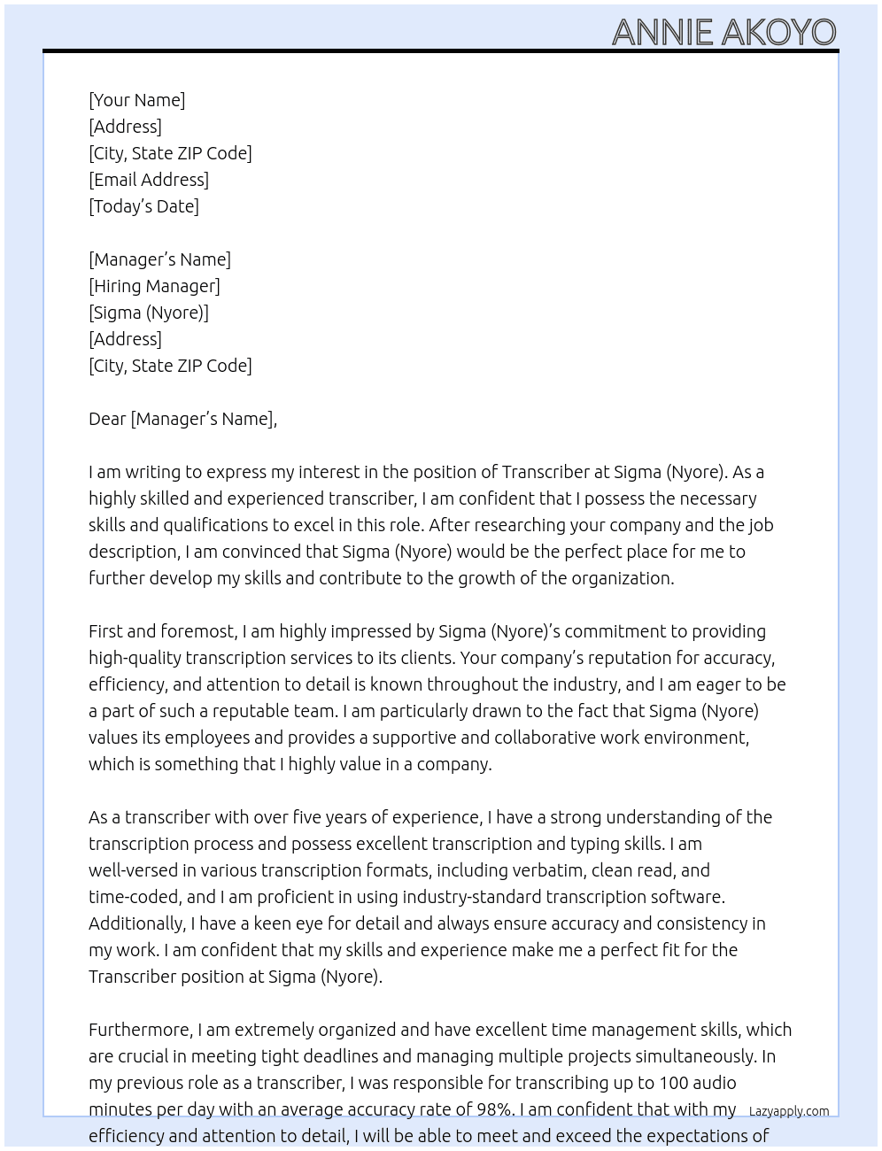transcriber At Sigma ( Nyore) Cover Letter