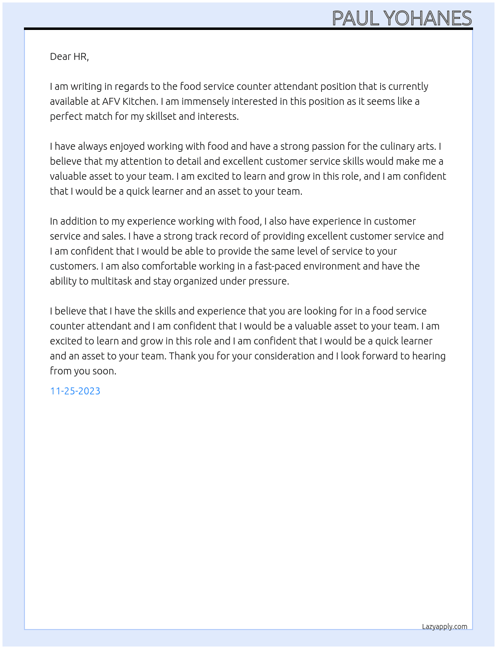 Food service counter attendant unexperiensed At AFV Kitchen Cover Letter