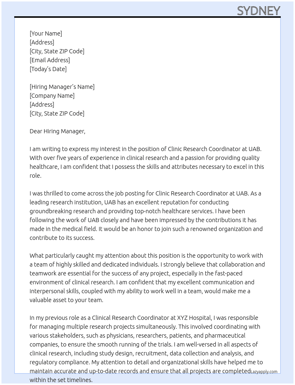 Clinic Research Coordinator At UAB Cover Letter