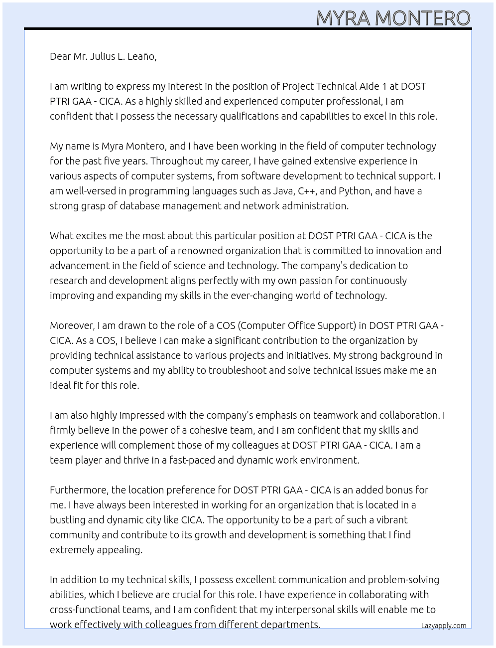 Project Technical Aide 1 At DOST PTRI GAA - CICA Cover Letter