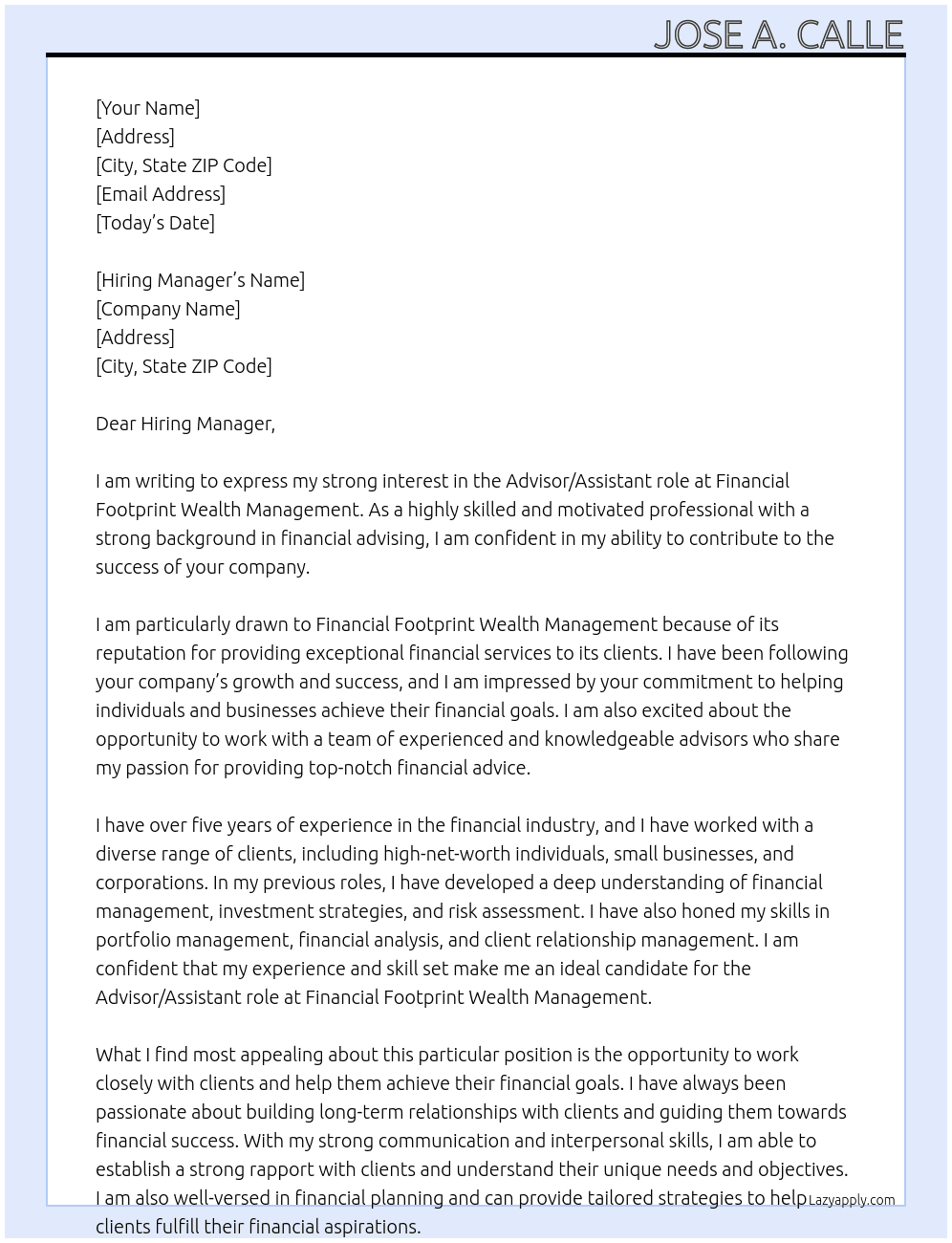 Advisor/Assistant role At  Financial Footprint Wealth Management Cover Letter