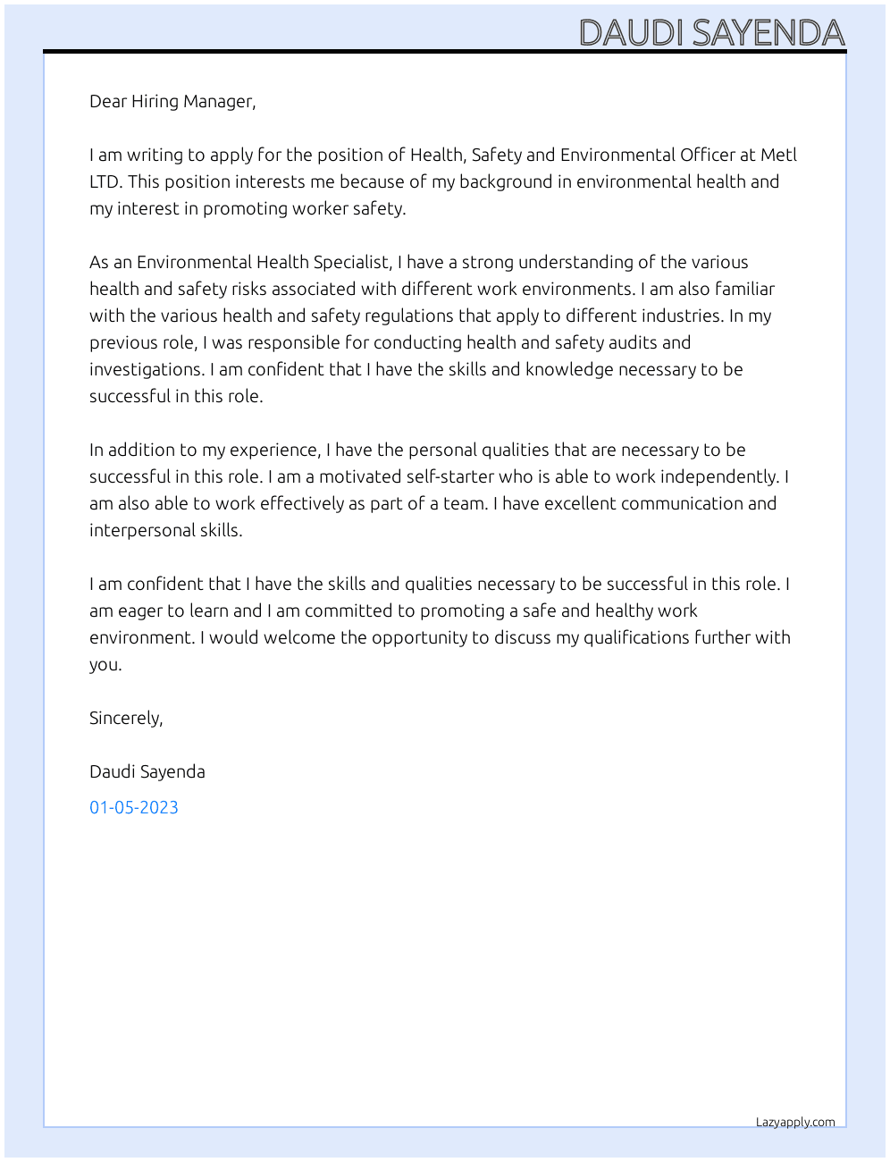 Health, Safety and Environmental Officer At Metl LTD  Cover Letter