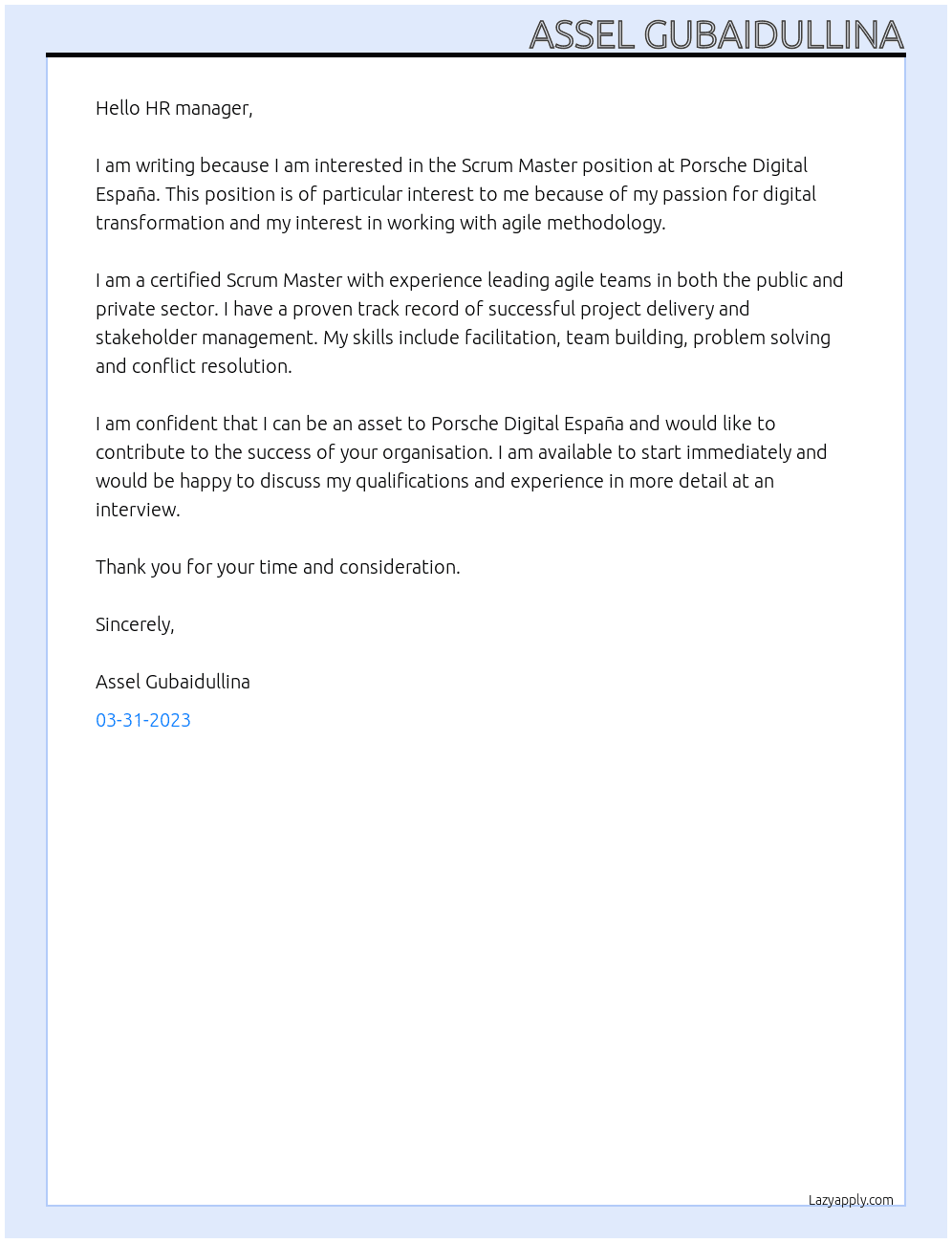 Scrum Master At Porsche Digital España Cover Letter