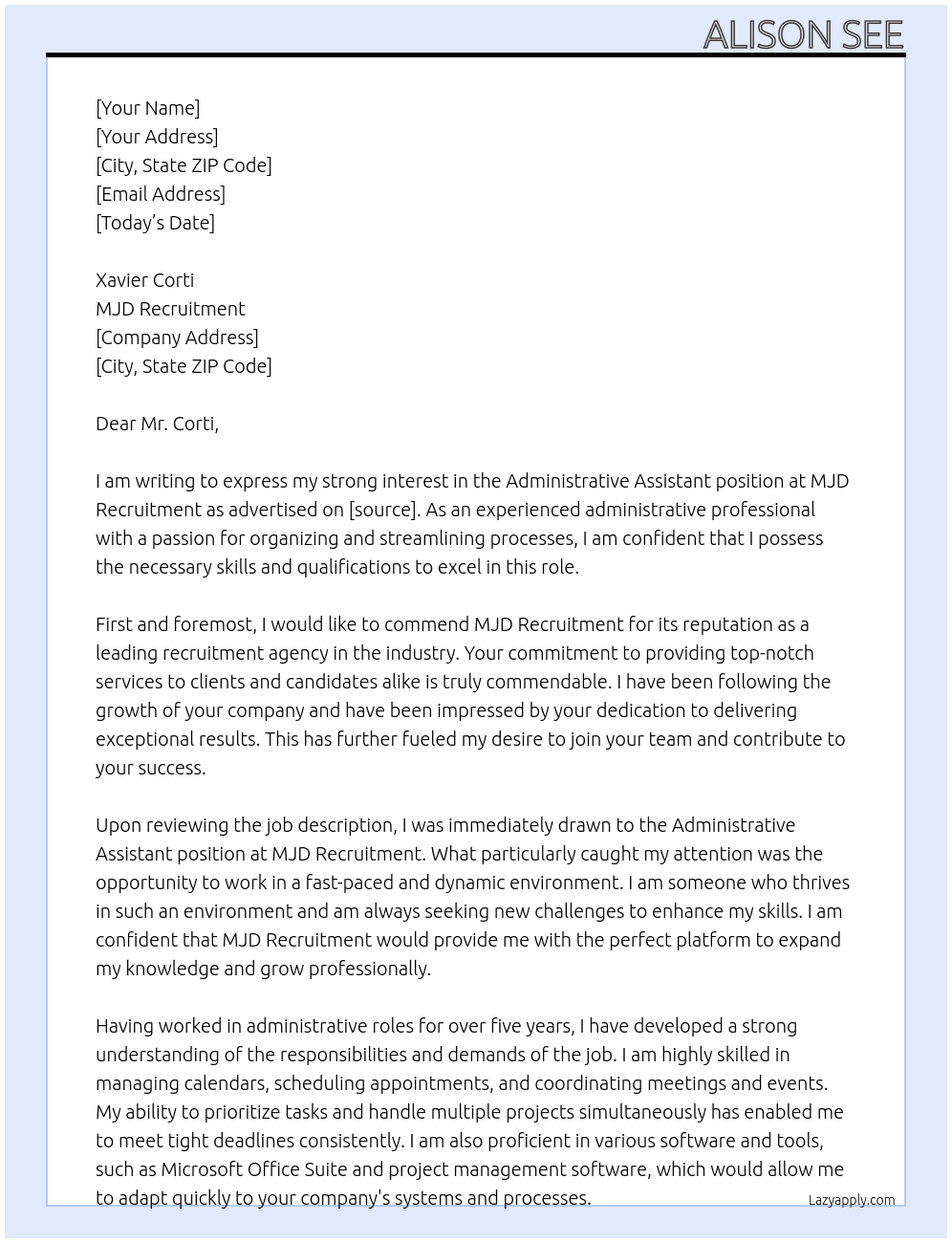 Administrative Assistant At MJD Recruitment Cover Letter