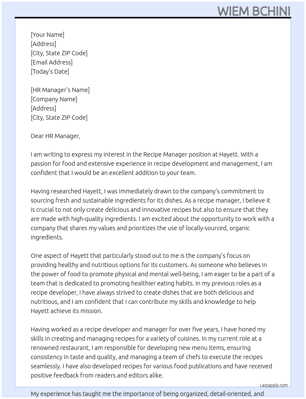 recipe manager At hayett Cover Letter