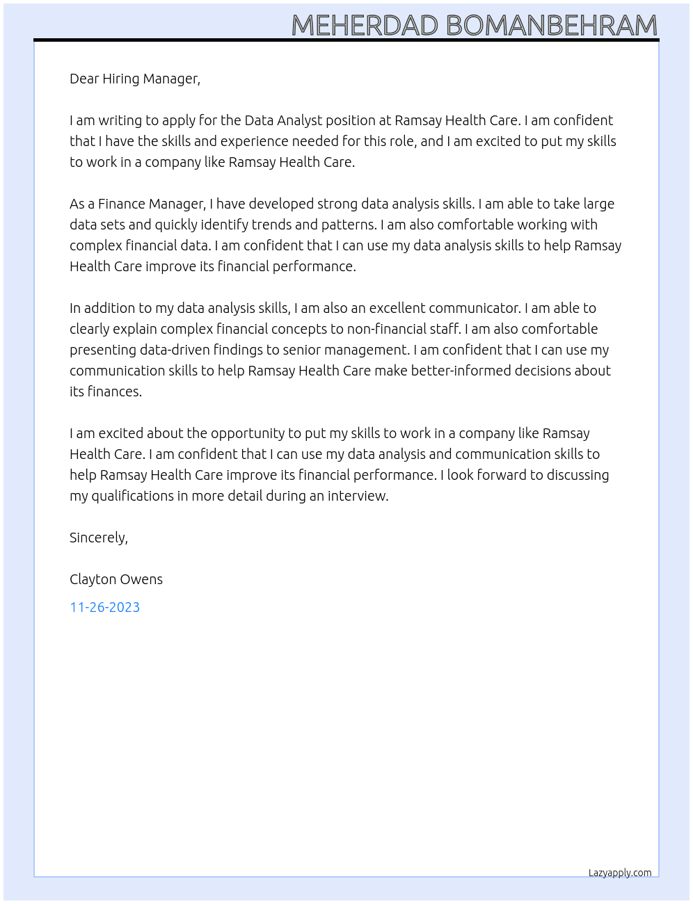 Data Analyst At Ramsay Health Care Cover Letter