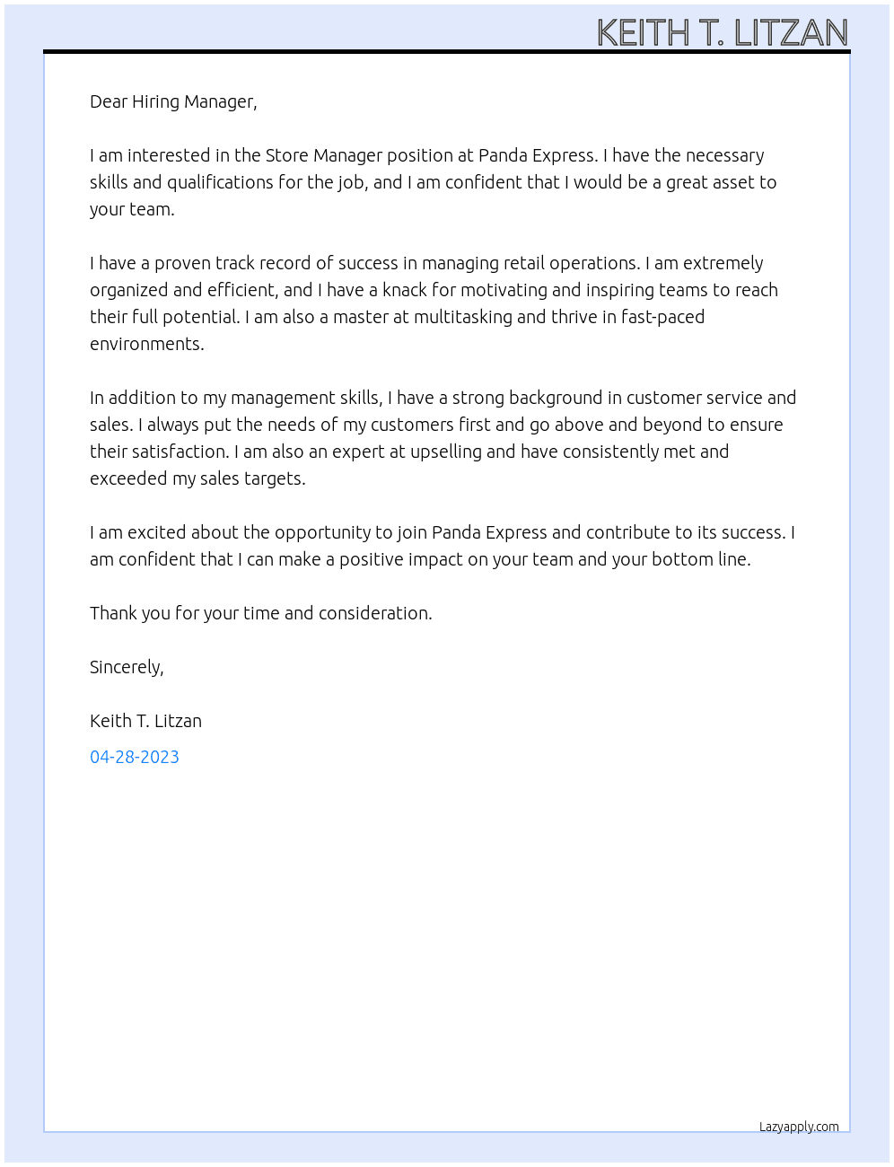 Panda Express Store Manager At Panda Express Cover Letter