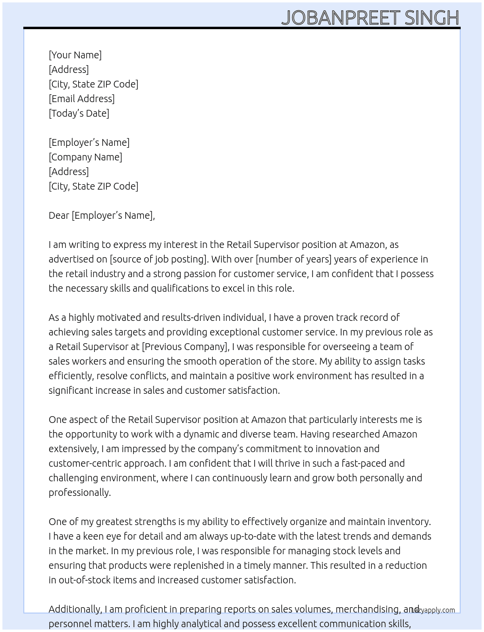 retail  supervisor  At amazon  Cover Letter