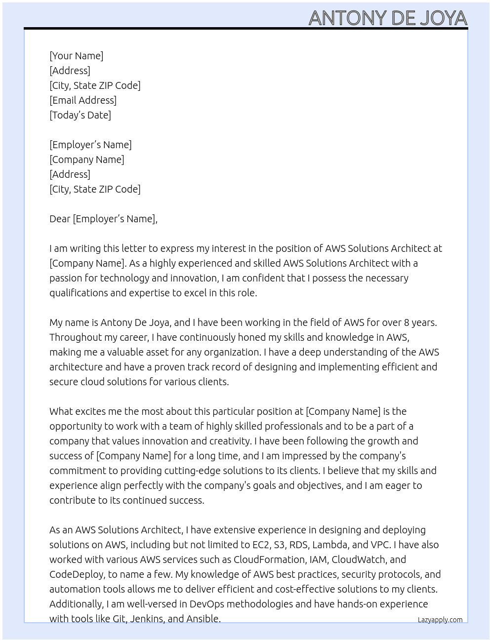 AWS Solutions Architect  At Insert name Cover Letter