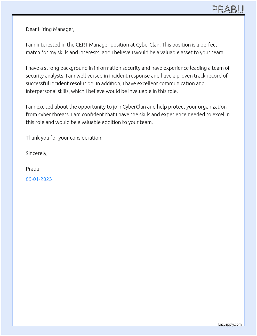 CERT Manager At CyberClan Cover Letter