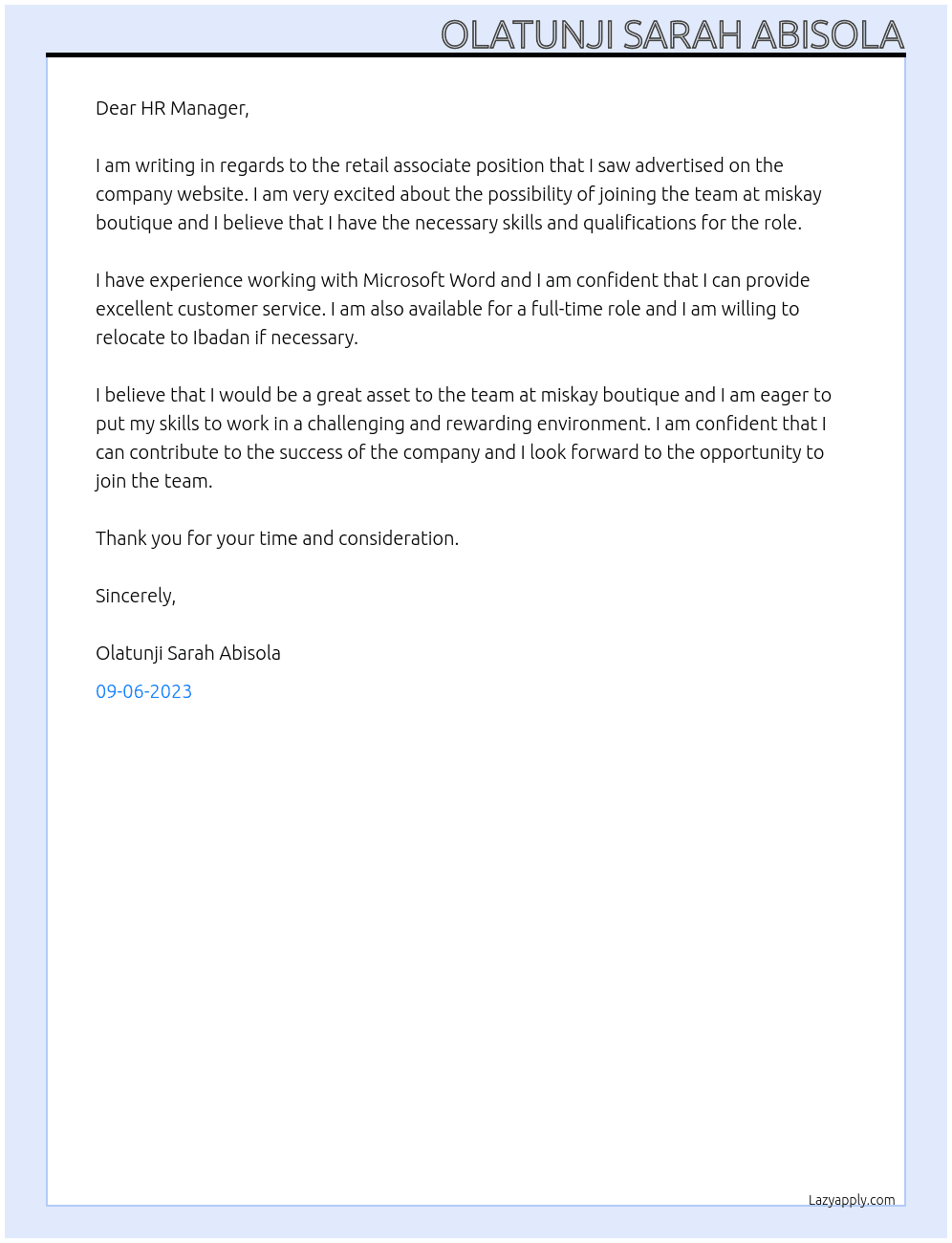 Retail associate At miskay boutique Cover Letter