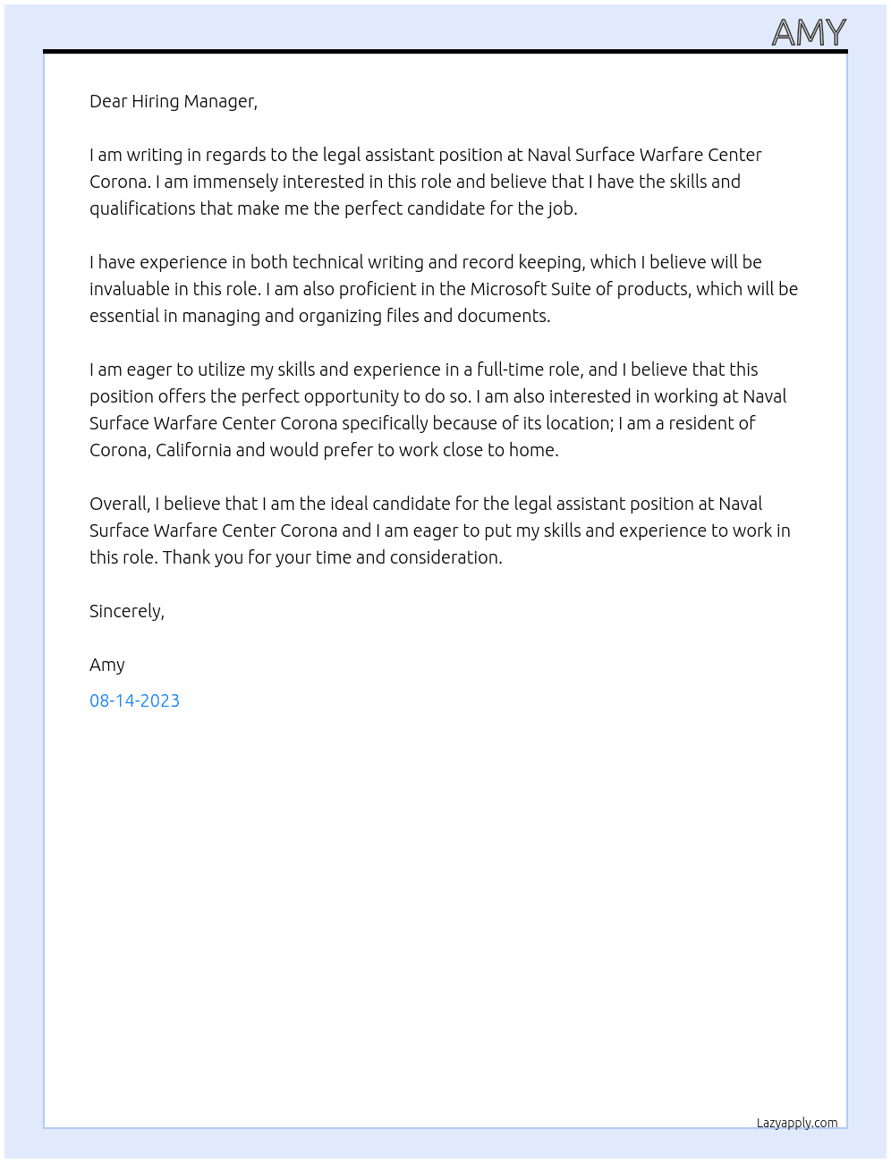 legal assistant At Naval Surface Warfare Center Corona Cover Letter