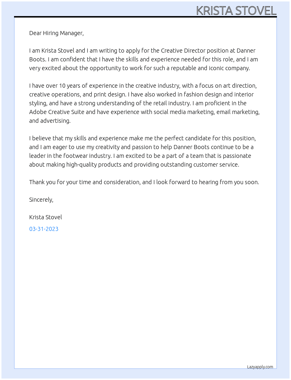 Creative Director At danner boots Cover Letter