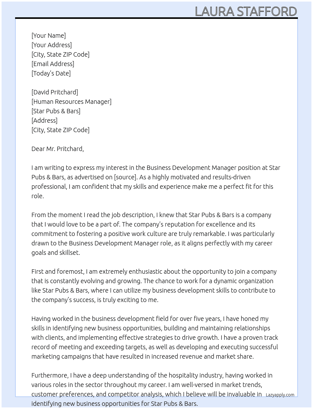 Business Development Manager  At Star Pubs & Bars Cover Letter