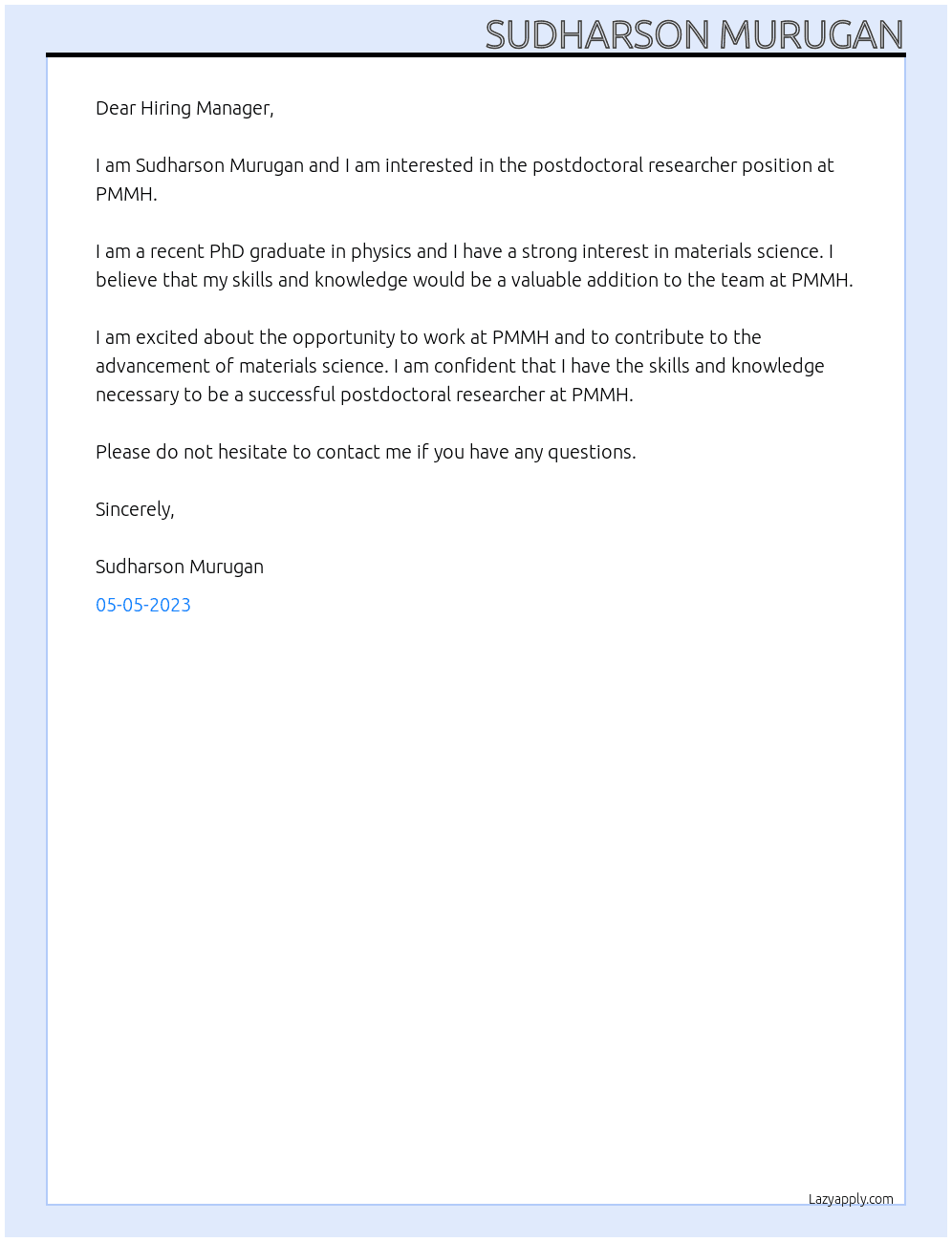 Postdoctoral Researcher At PMMH Cover Letter