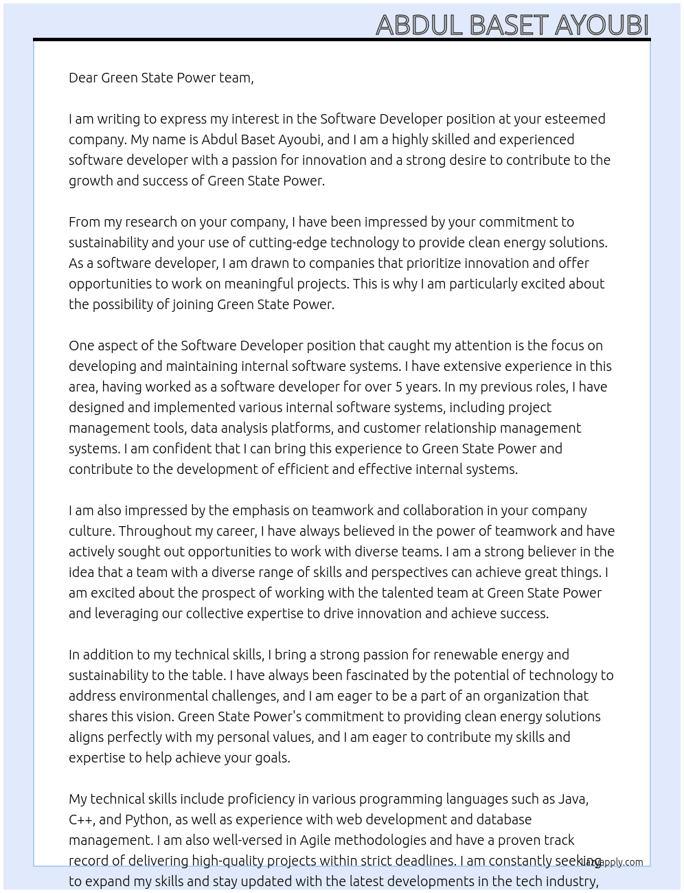 Software Developer At Green State Power Cover Letter