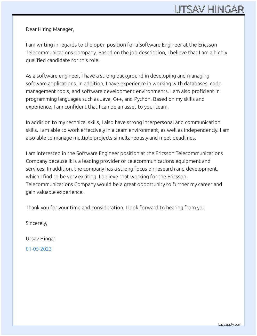 Software Engineer At Ericsson Telecommunications Company Cover Letter