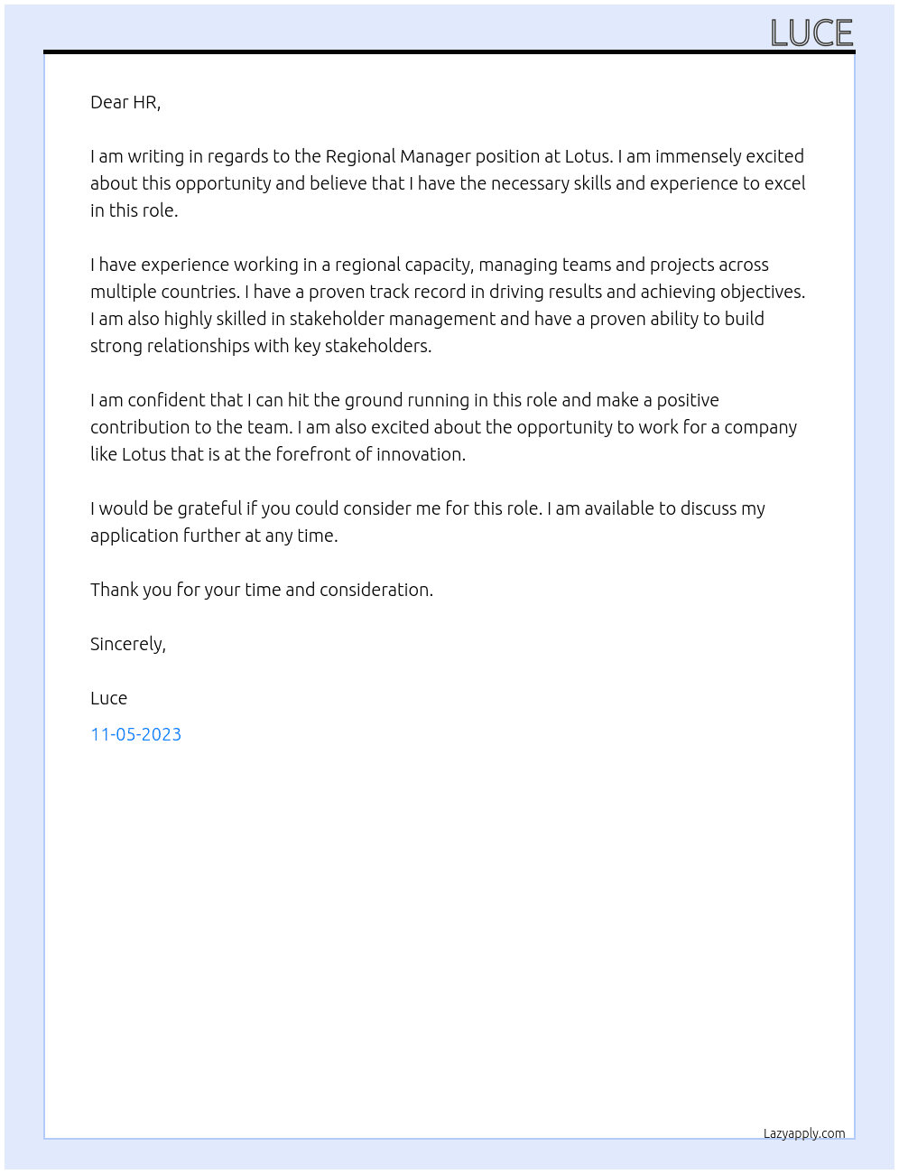 Regional Manager At Lotus Cover Letter