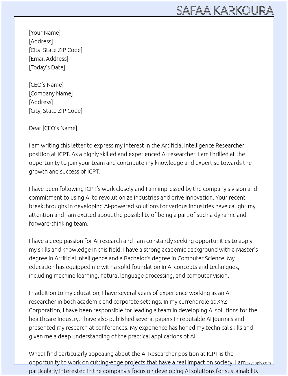 Artificial intelligence resercher At Icpt Cover Letter