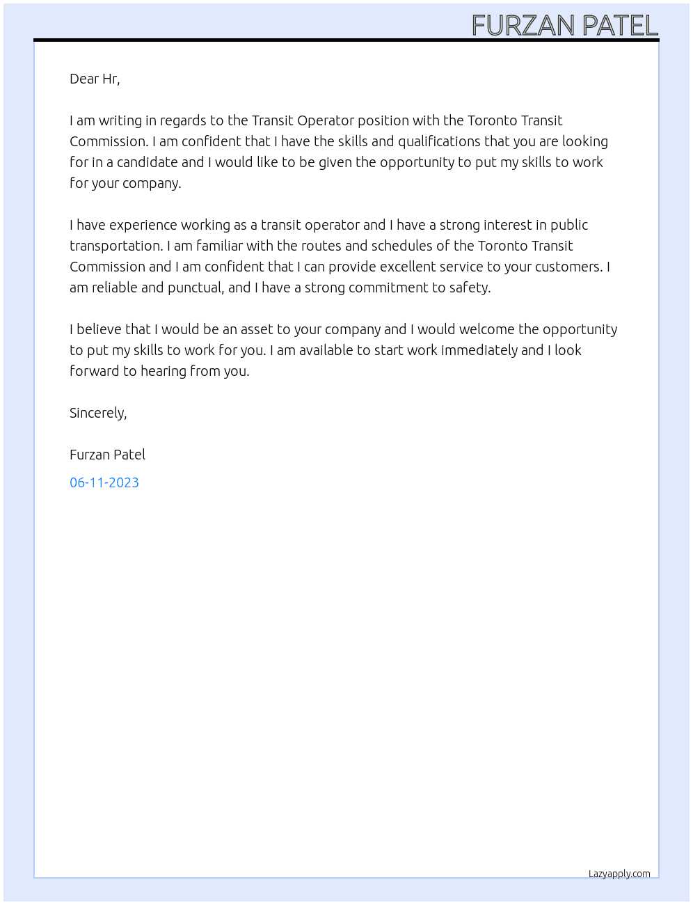 Transit operator At Toronto transit commission Cover Letter