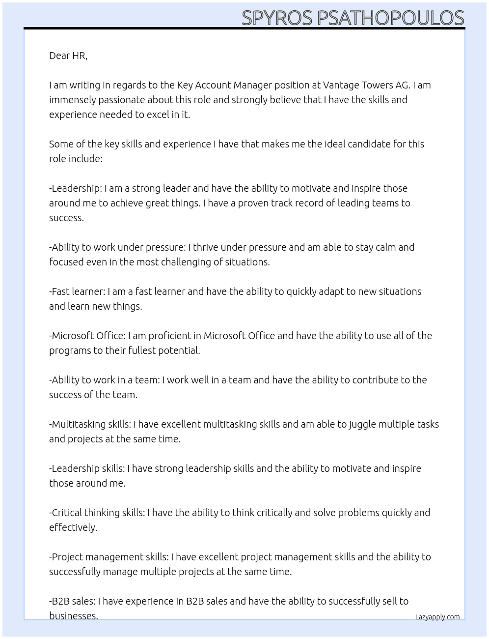 Key Account Manager At Vantage Towers AG Cover Letter
