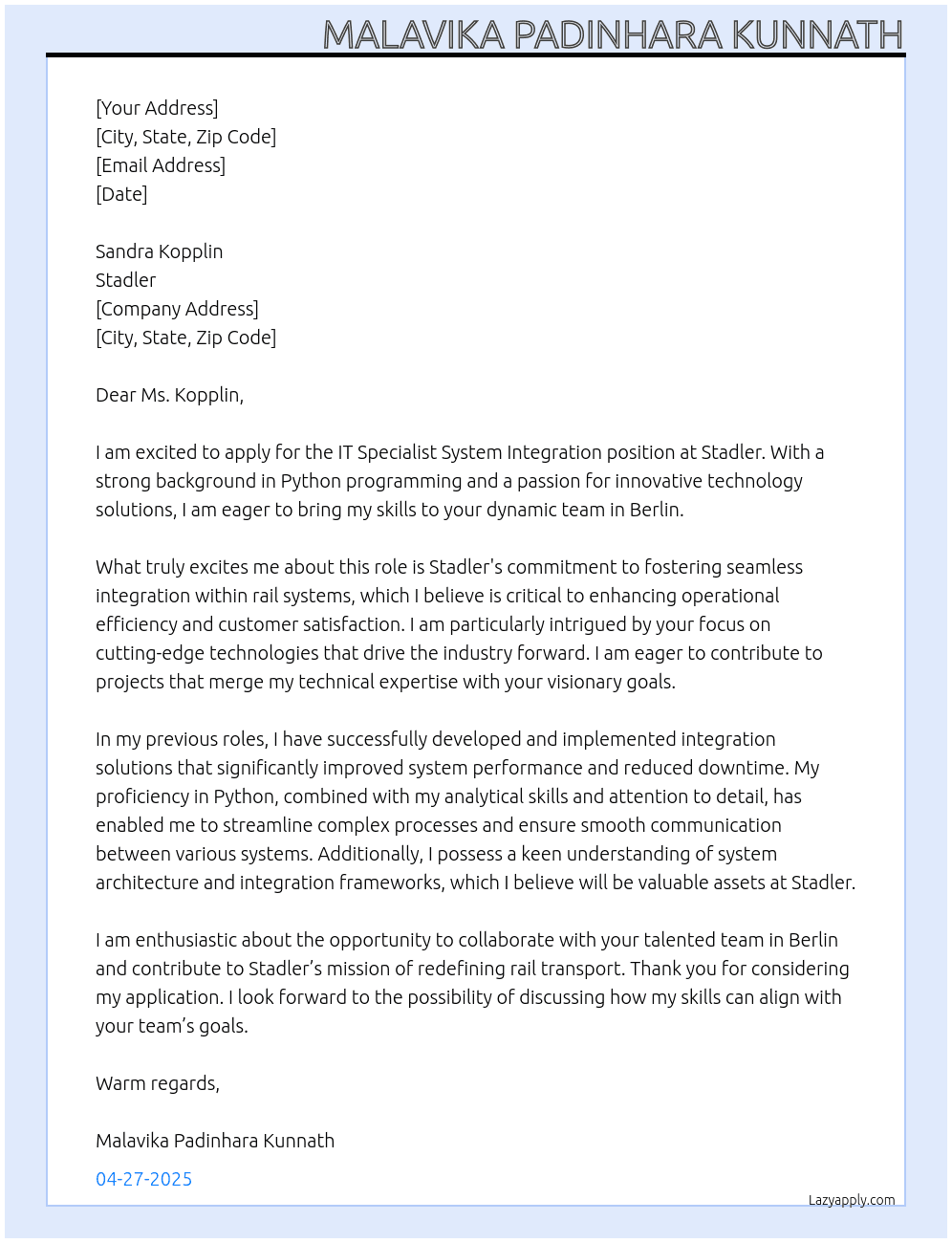 IT specialist system integration At Stadler Cover Letter