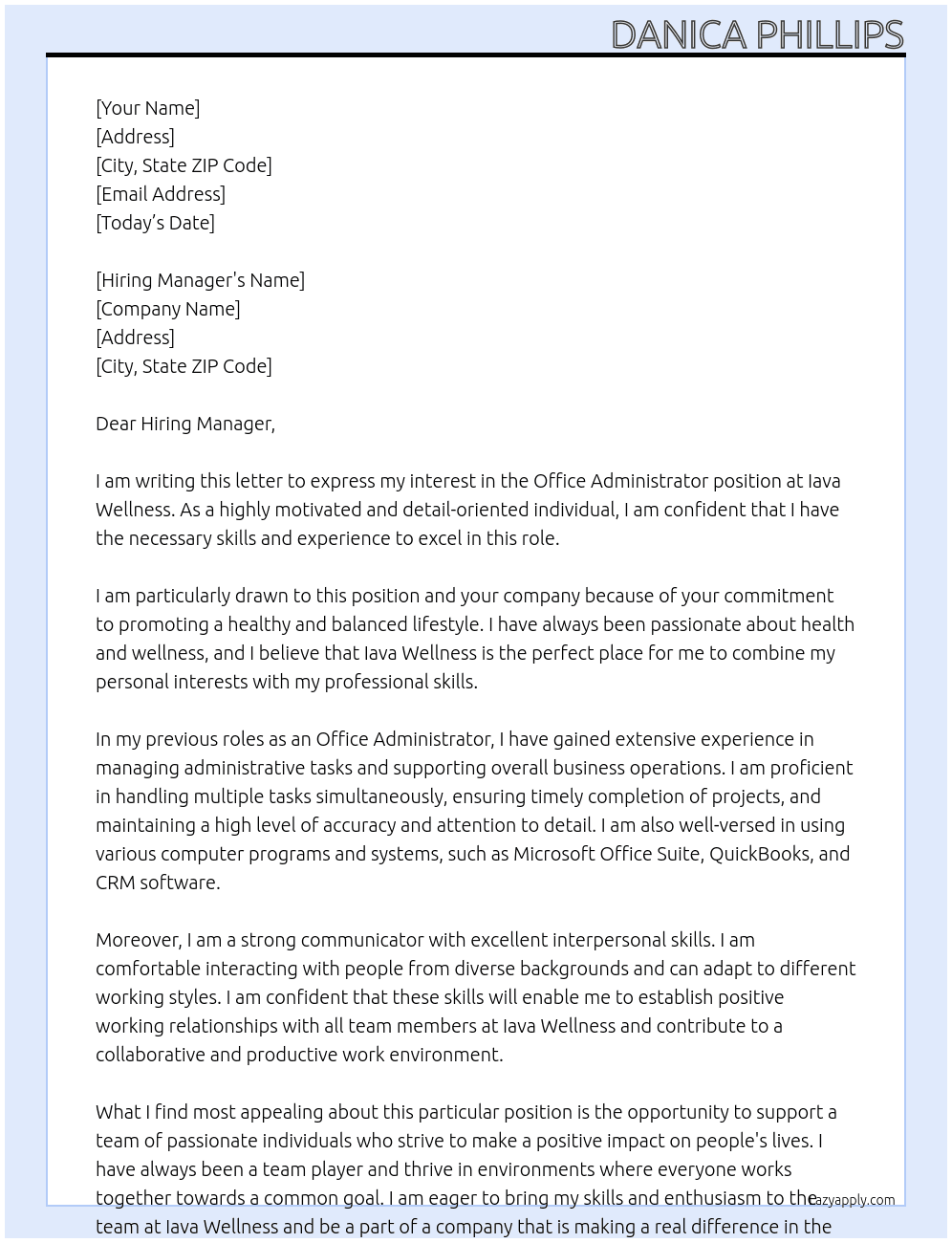 Office Administrator At iava Wellness Cover Letter