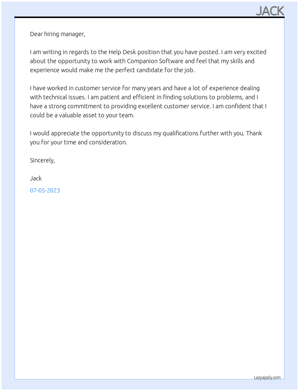 Help desk At Companion software  Cover Letter
