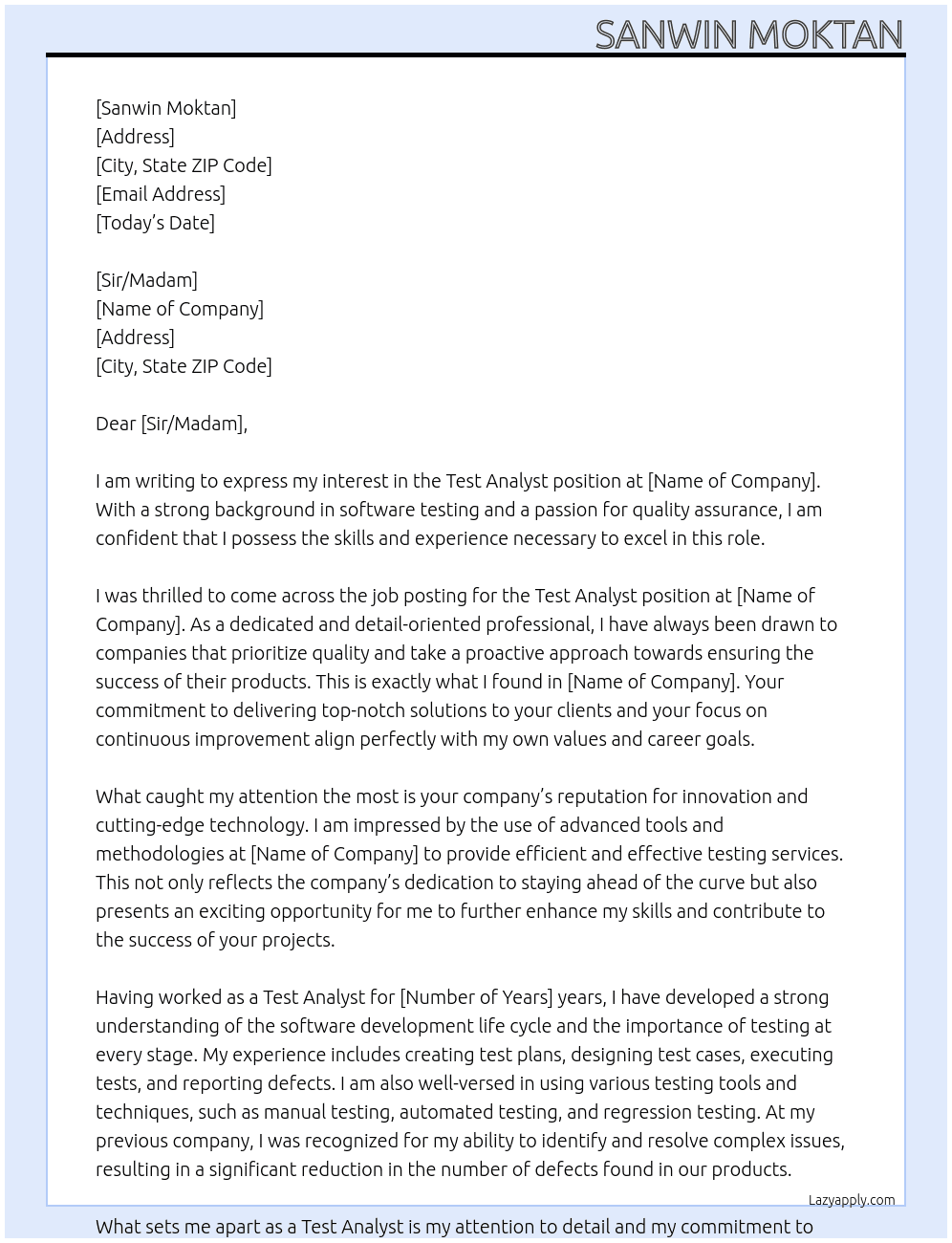 Test Analyst  At CLASS Cover Letter