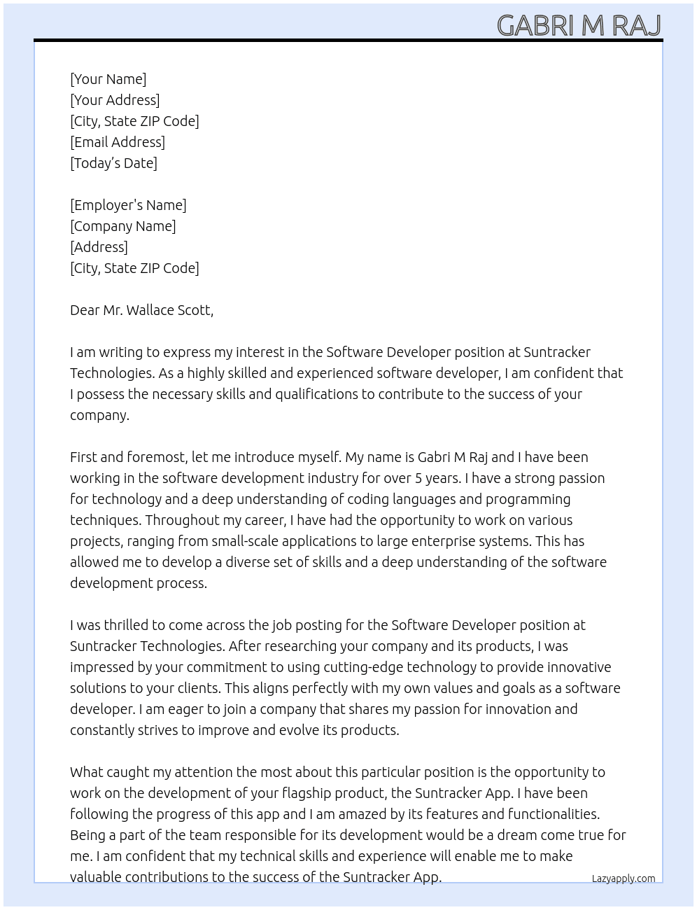 Software developer  At Suntracker technologies  Cover Letter