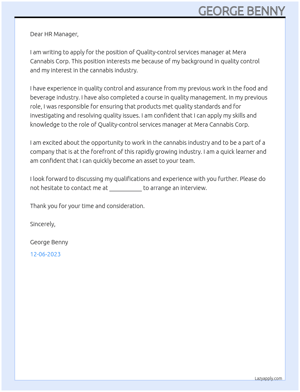 Quality-control services manager At Mera Cannabis Corp.  Cover Letter