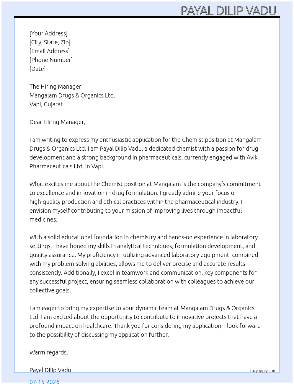 Chemist  At Avik Pharmaceuticals Ltd. (વાપી Cover Letter