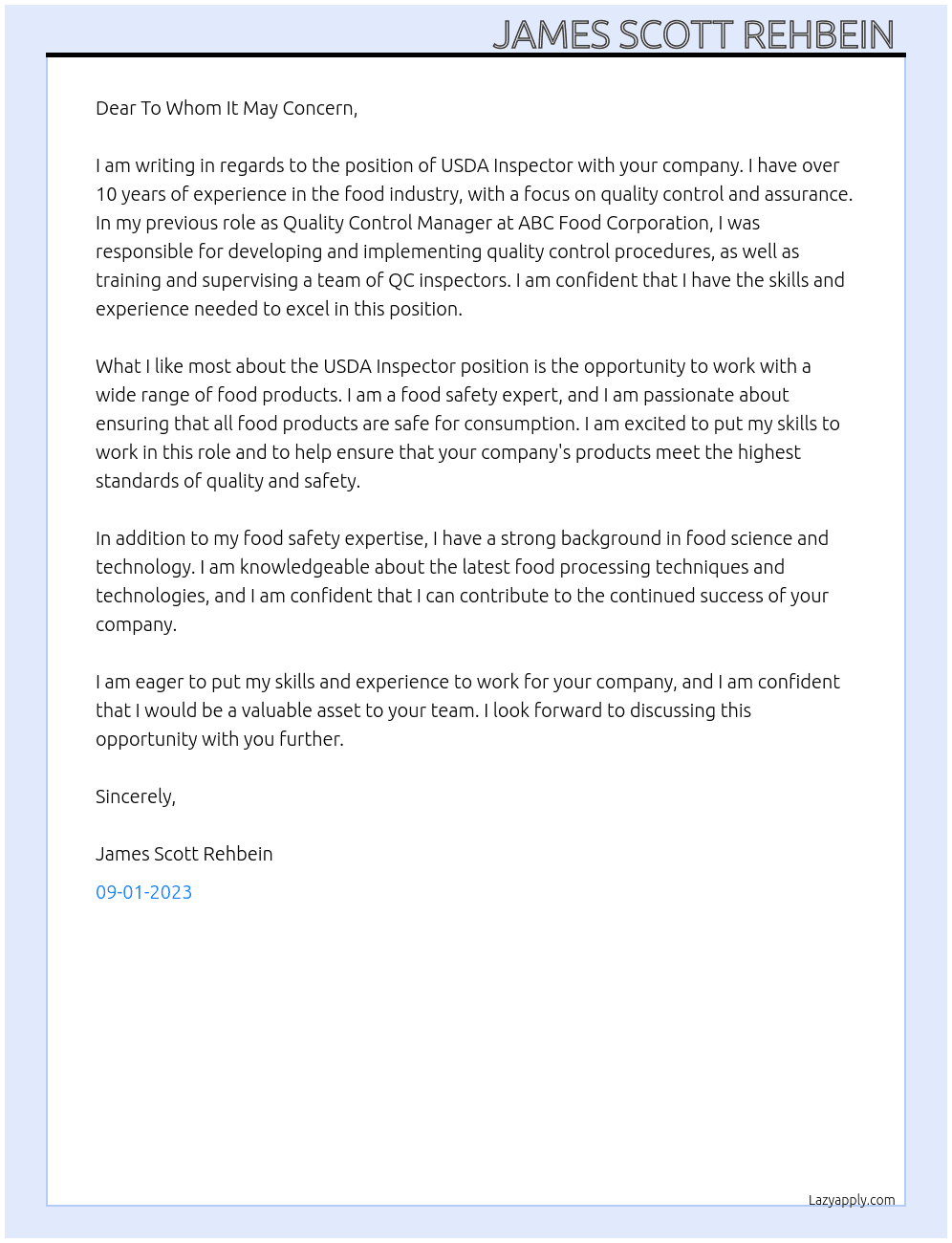 USDA Inspector At USDA Cover Letter