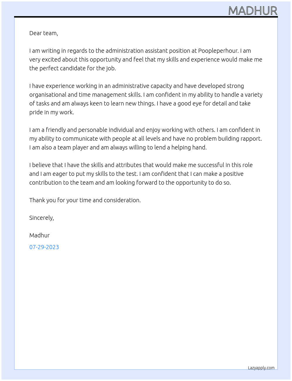 administration assistance  At Poopleperhour Cover Letter