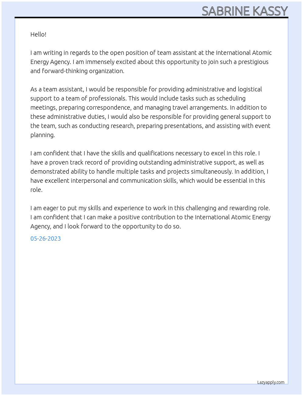 team assistant At international atomic energy  agency Cover Letter