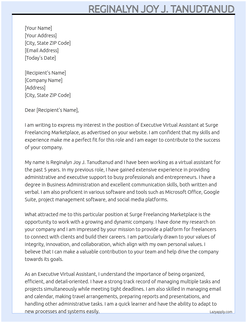 Executive Virtual Assistant  At Surge Freelancing Marketplace Cover Letter