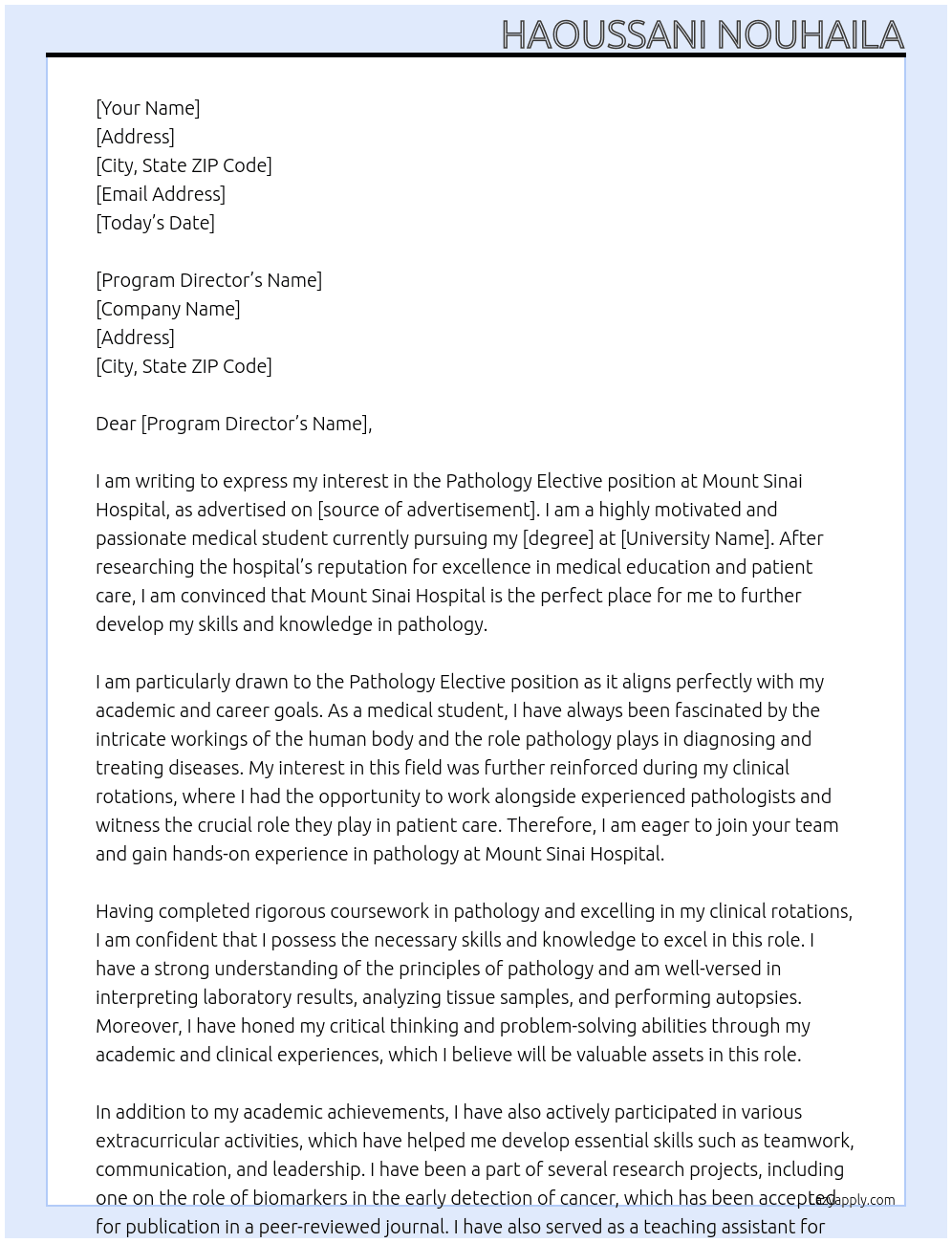 pathology elective At mount sinai hospital Cover Letter