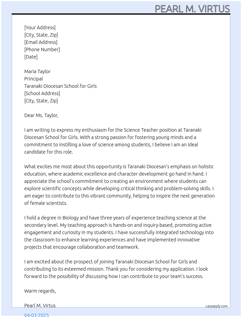 Science Teacher At Taranaki Diocesan School for Girls Cover Letter