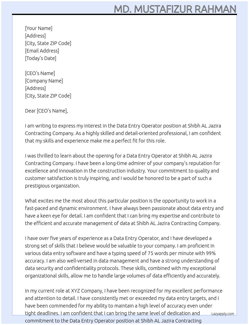 Data Entry Operator At Shibh AL Jazira Contracting Company Cover Letter