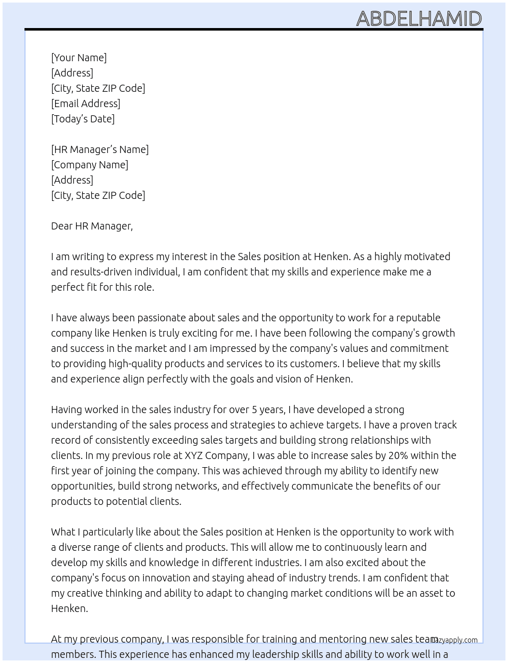 Sales At Henken Cover Letter