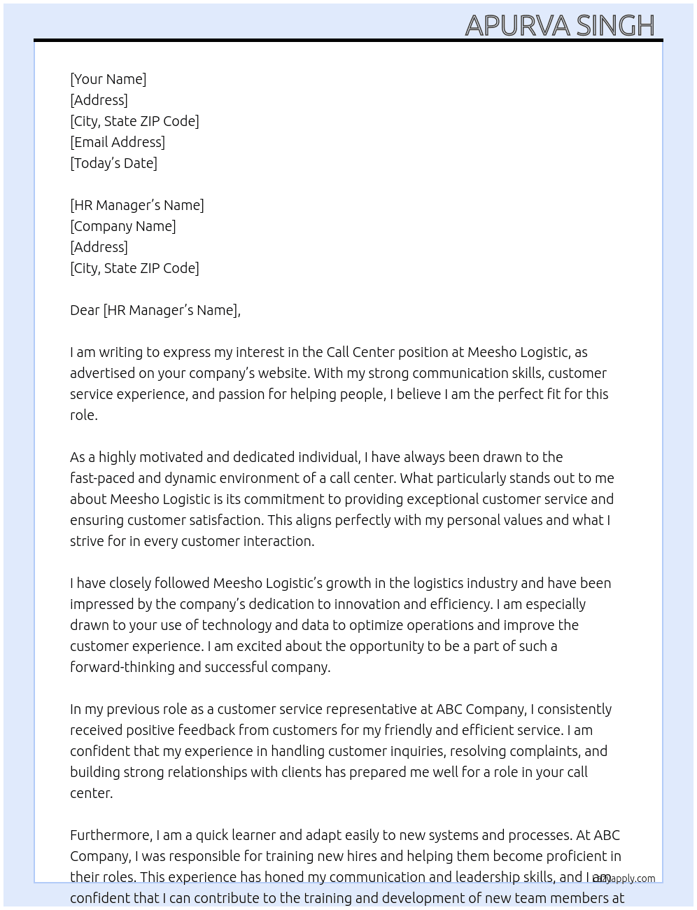 calling center At Meesho logistic Cover Letter