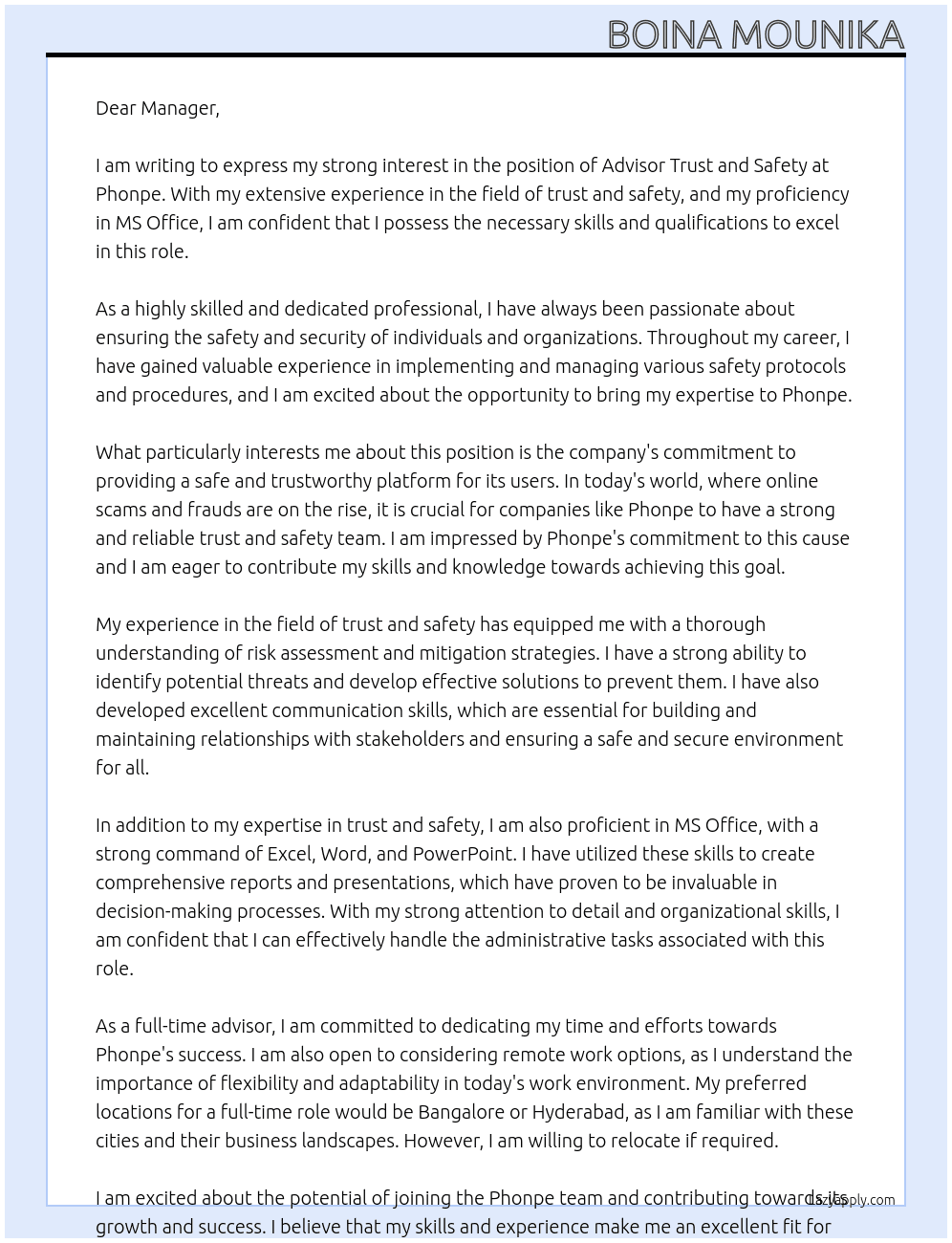 ADISOR TRUST AND SAFETY At PHONPE Cover Letter
