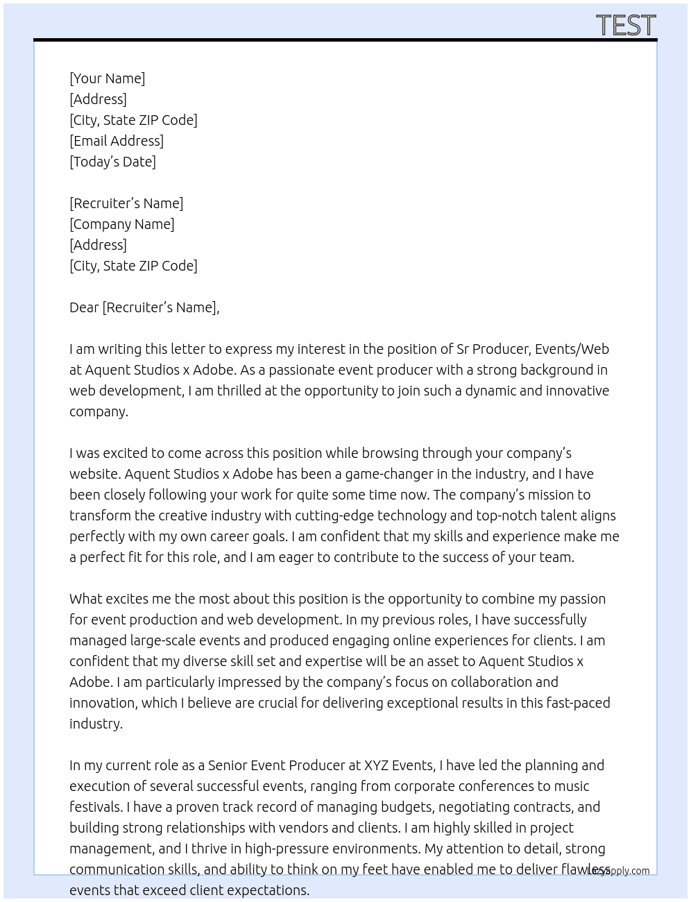 Sr Producer, Events/Web At Aquent Studios x Adobe Cover Letter