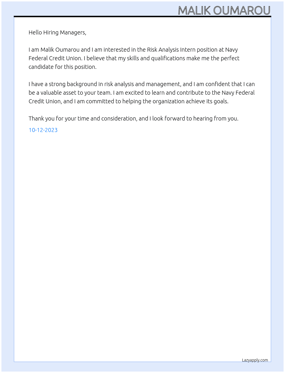 Risk Analysis Intern At Navy Federal Credit Union Cover Letter
